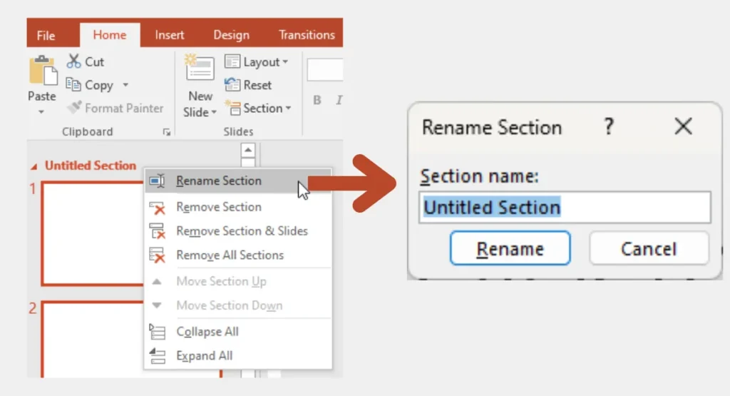 انتخاب Rename Section با نام دلخواه